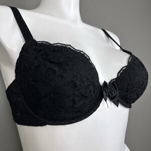 Vintage Intimates Lane Bryant Bra 38C Padded Push Up Black Lace Underwire Pads